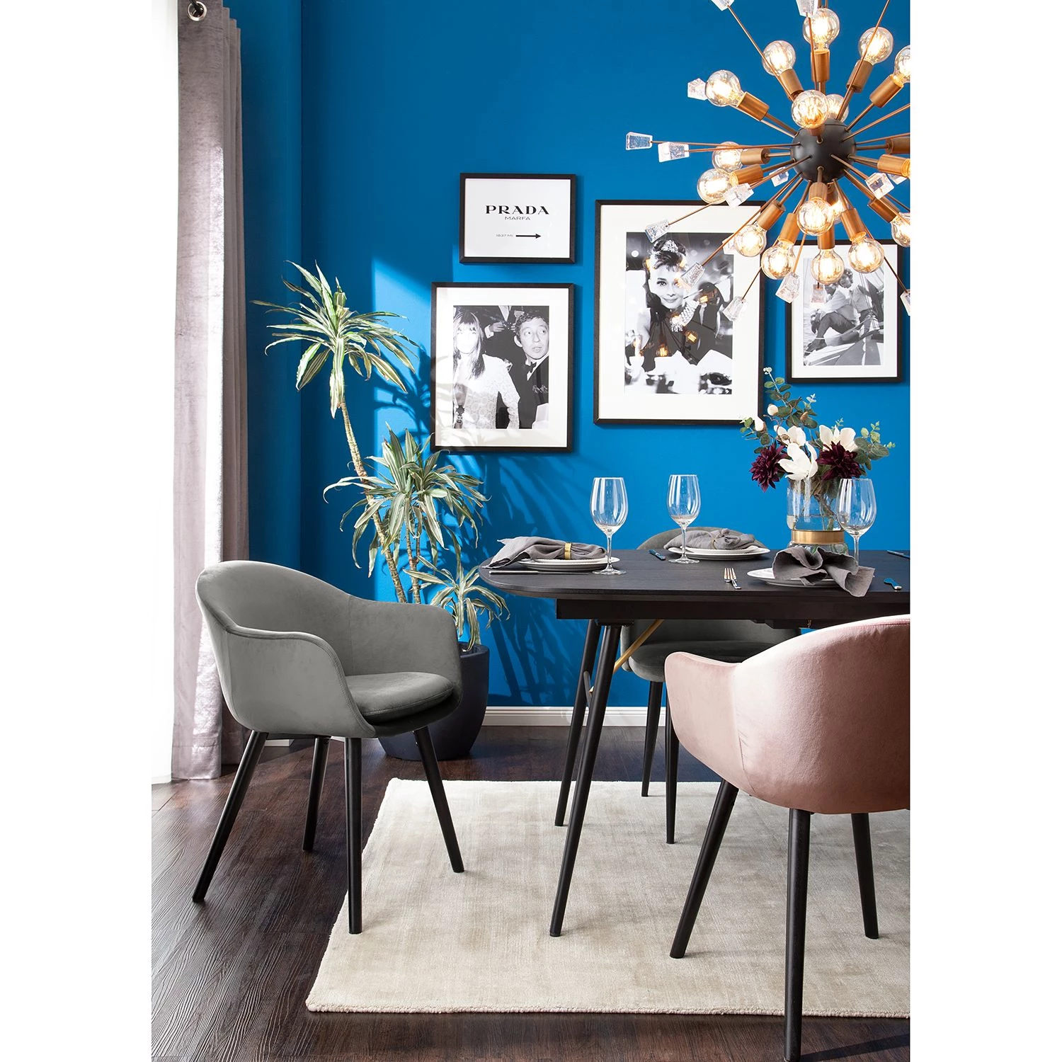 Mørteens Chaise à accoudoirs Hallund II - Velours / Hévéa massif - Noir - Gris 2 Mørteens Chaise à accoudoirs Hallund II - Velours / Hévéa massif - Noir - Gris – Image 2