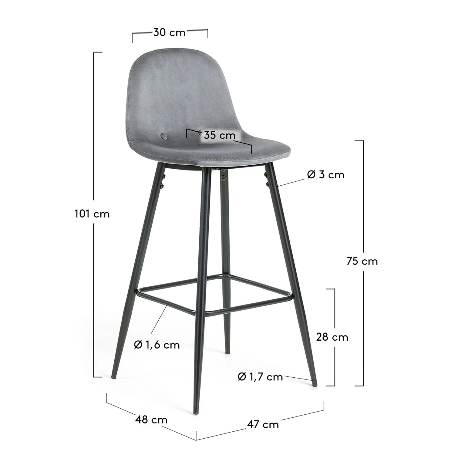 Jack & Alice Chaise de bar Sendo (lot de 2) - Velours/ Métal - Gris / Noir 7 Jack & Alice Chaise de bar Sendo (lot de 2) - Velours/ Métal - Gris / Noir – Image 7