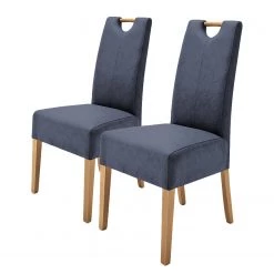 Ars Natura Chaises capitonnées Paki (lot de 2) - Imitation cuir / Chêne massif - Chêne / Bleu nuit