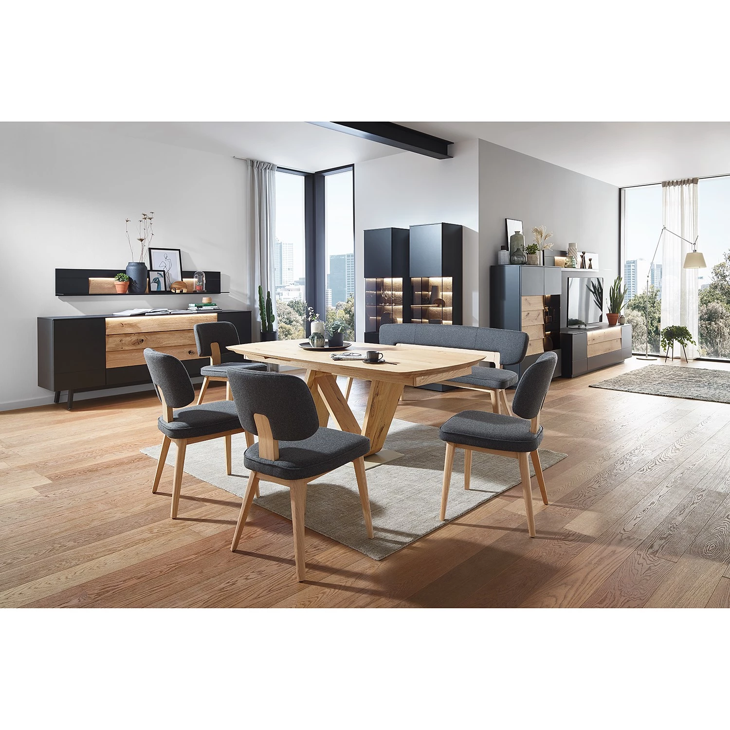 GWINNER Vitrine Misano - Placage en bois véritable - Gris Sahara / Planches de chêne - Anthracite / Chêne sauvage - Butoir à gauche - Avec éclairage 3 GWINNER Vitrine Misano - Placage en bois véritable - Gris Sahara / Planches de chêne - Anthracite / Chêne sauvage - Butoir à gauche - Avec éclairage – Image 3