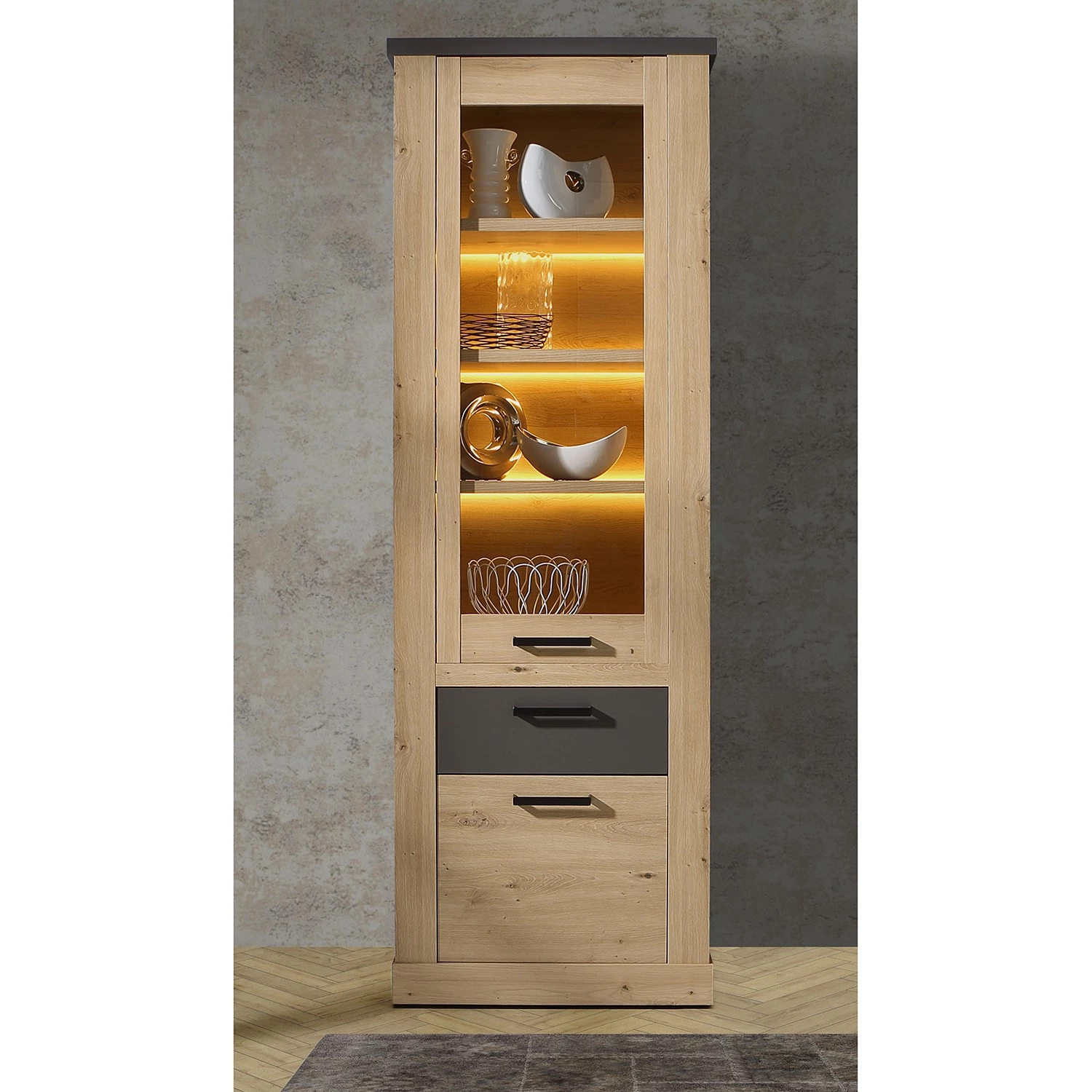 Ridgevalley Vitrine Moro - Imitation chêne artisan / Gris 2 Ridgevalley Vitrine Moro - Imitation chêne artisan / Gris – Image 2