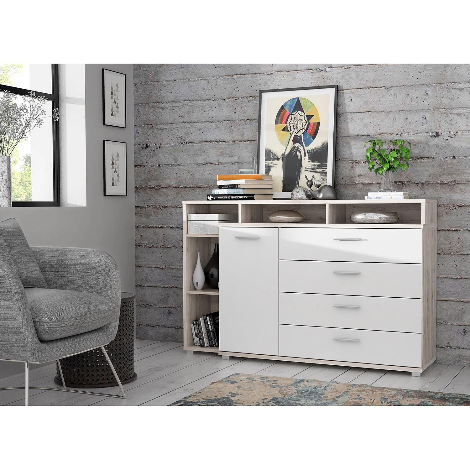 Loftscape Buffet Piemont III - Blanc / Imitation chêne sable 2 Loftscape Buffet Piemont III - Blanc / Imitation chêne sable – Image 2